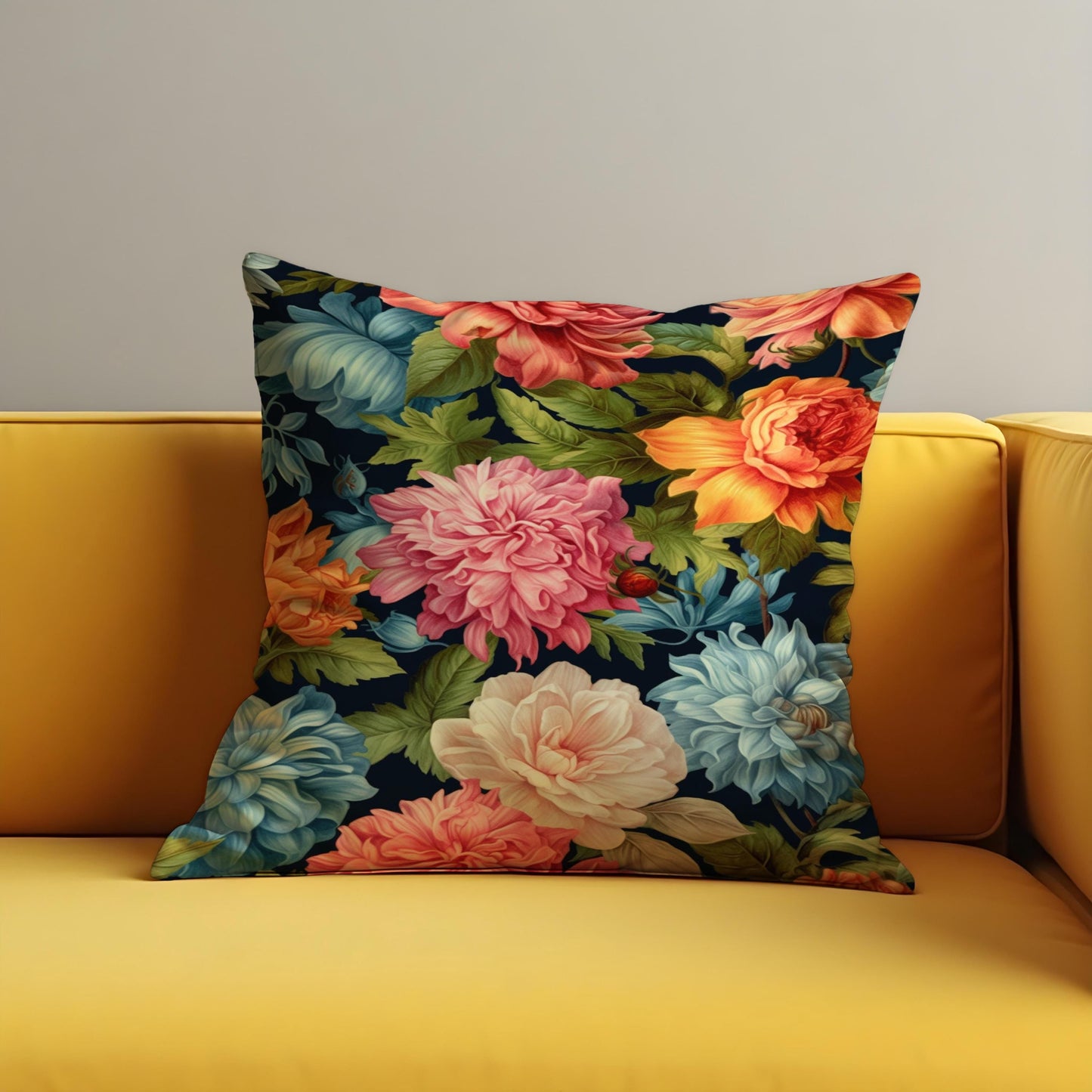 Bold Classic Floral Cushion Cover, Multicolor Peonies & Leaves Pillow Case