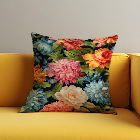 Bold Classic Floral Cushion Cover, Multicolor Peonies & Leaves Pillow Case