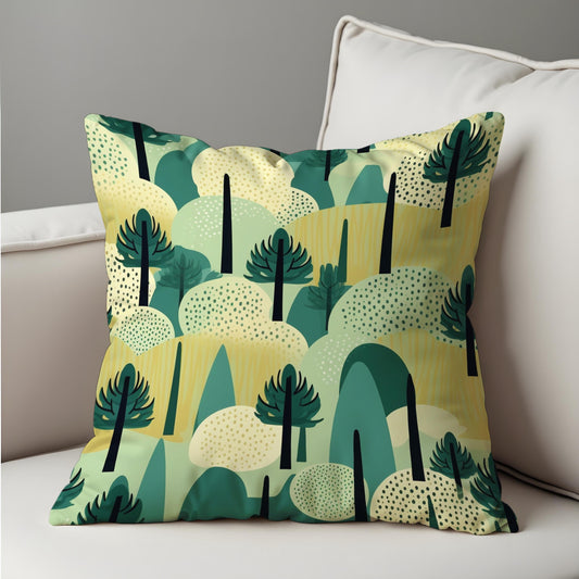 Abstract Forest Cushion Cover, Modern Tree & Hills Landscape Pillowcase