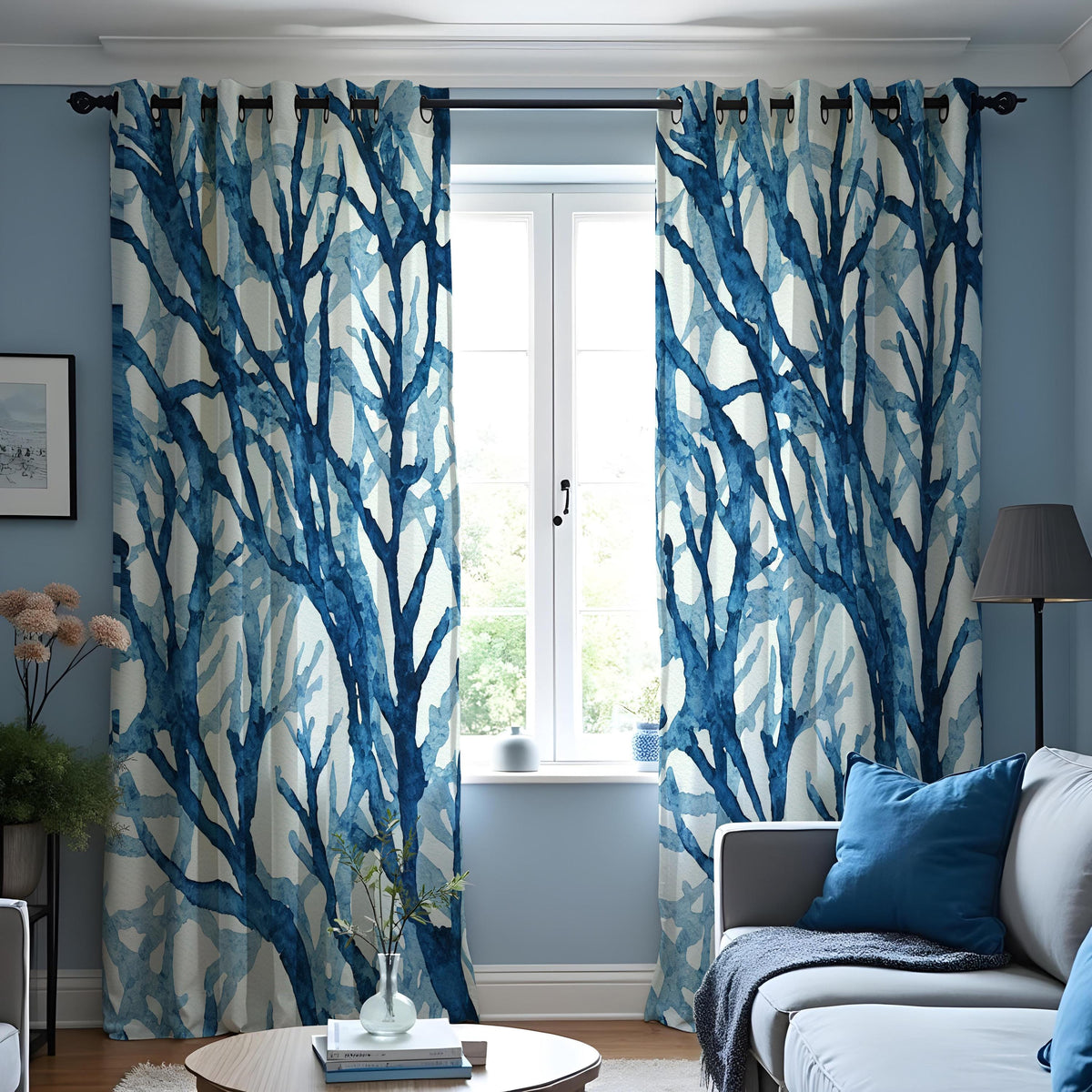 Blue Watercolor Tree Branch Curtains, Forest Botanical Drapes