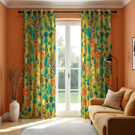 Mustard Retro Floral Curtains, Mid Century Botanical Drapes