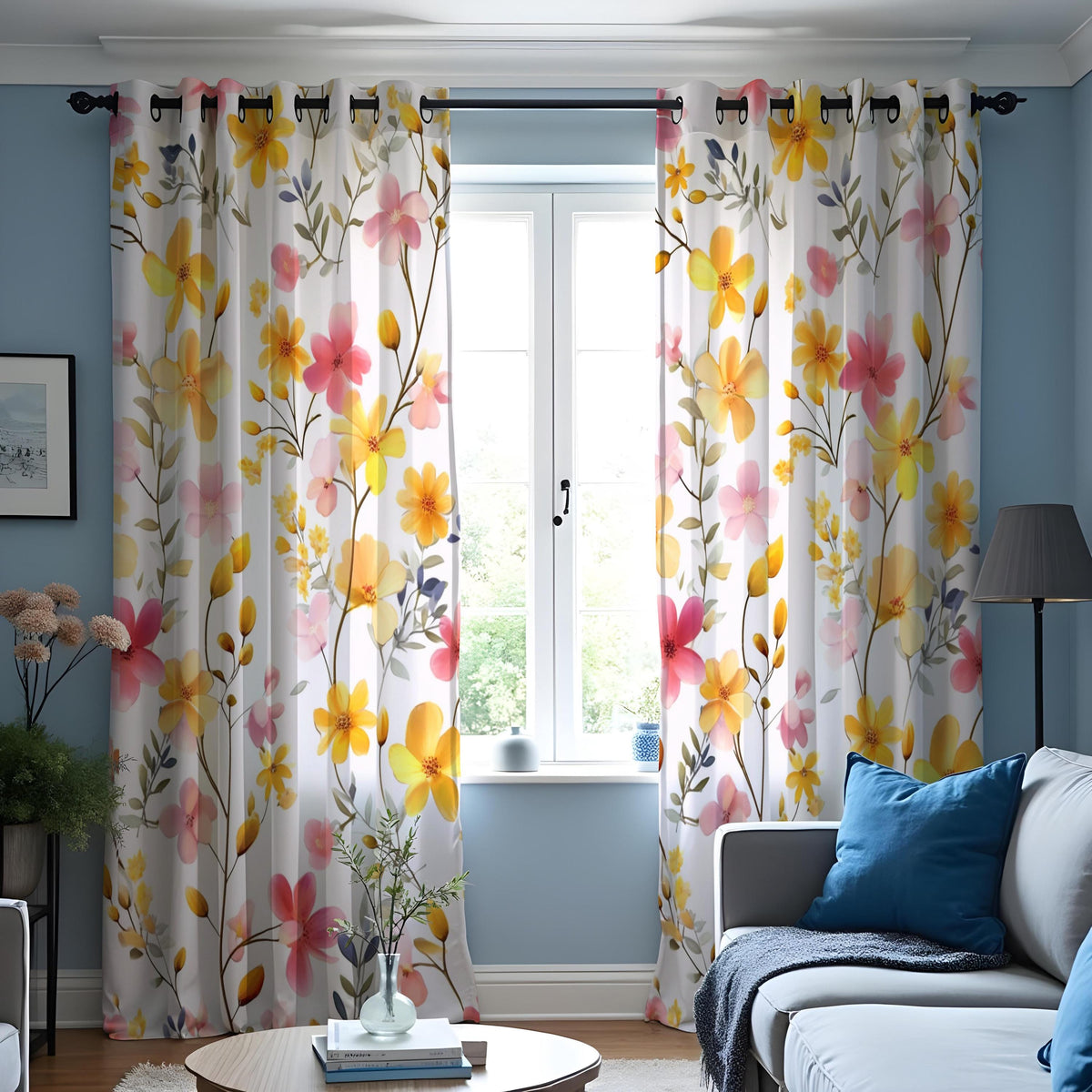 Yellow and Pink Floral Curtains, Watercolor Flower Drapes