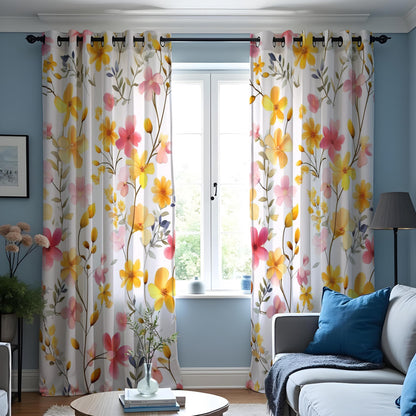 Yellow and Pink Floral Curtains, Watercolor Flower Drapes
