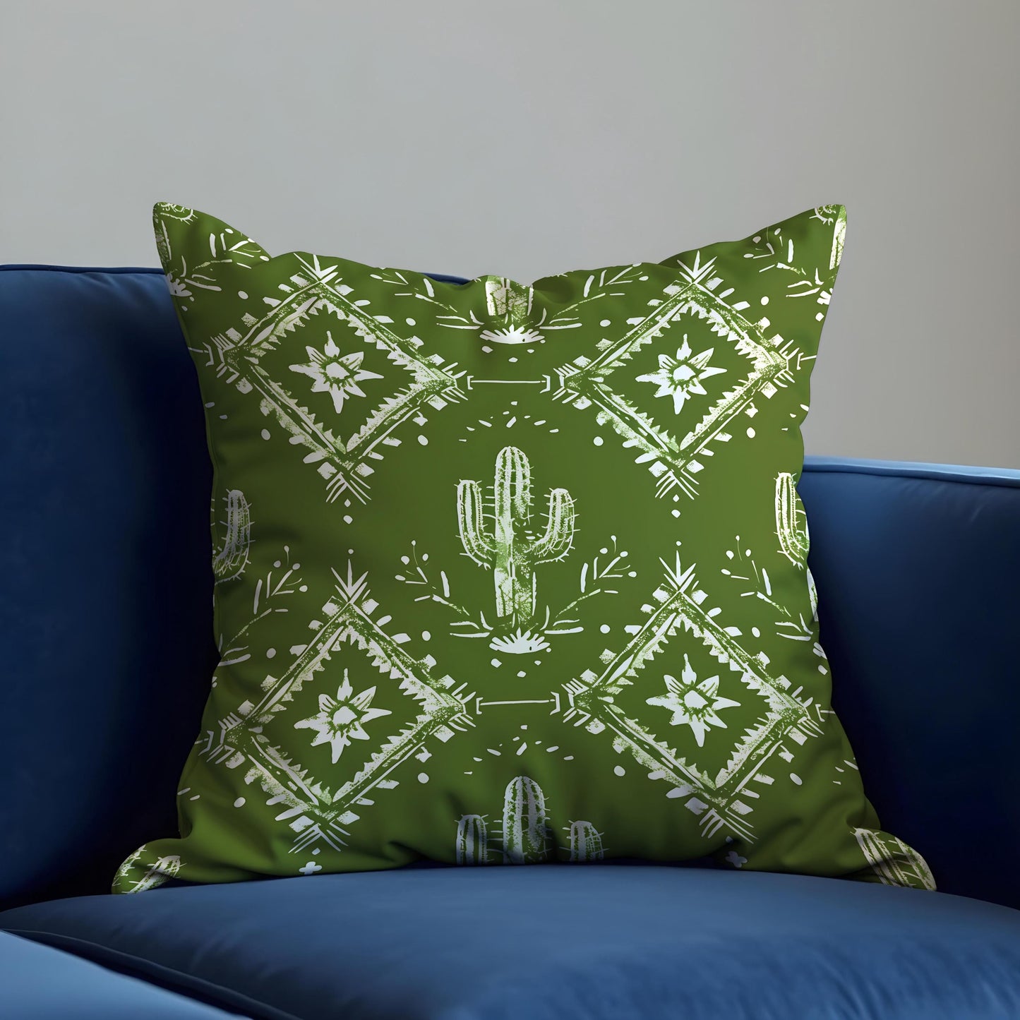Green Southwestern Cushion Cover, Cactus and Tribal Print Pillow Case