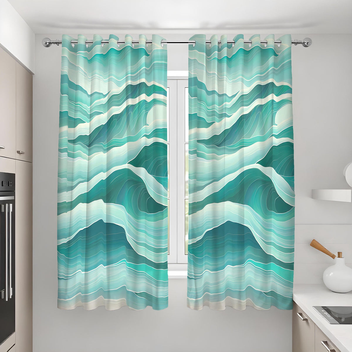 Teal Ocean Wave Curtains, Aqua Blue Coastal Abstract Drapes