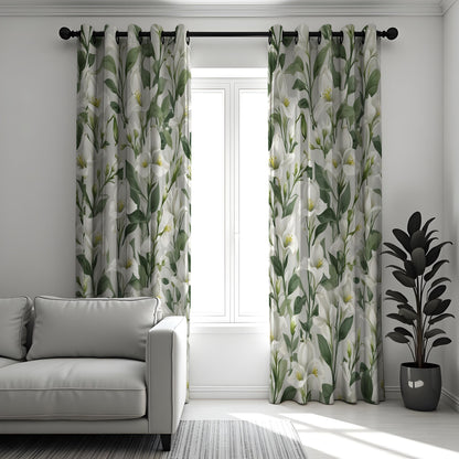 Calla Lily Curtains, White Floral & Green Leaf Drapes
