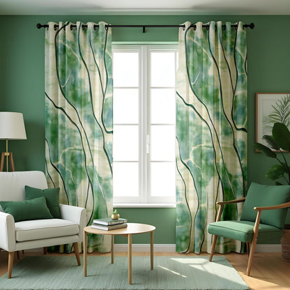 Green Watercolor Abstract Curtains, Artistic Custom Drapes
