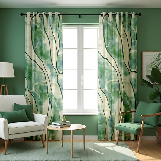 Green Watercolor Abstract Curtains, Artistic Custom Drapes