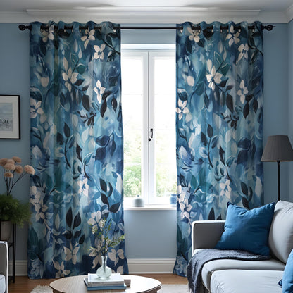 Navy Teal Botanical Leaf Curtains, Modern Custom Drapes