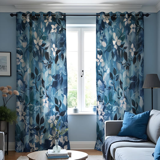 Navy Teal Botanical Leaf Curtains, Modern Custom Drapes
