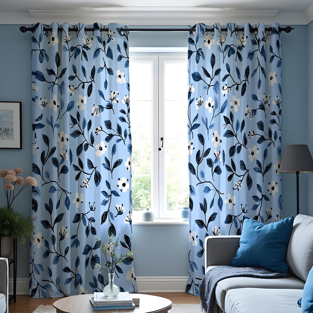 Navy Blue Leaf Curtains, Floral Botanical Custom Drapes