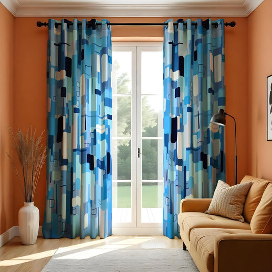 Blue Abstract Geometric Curtains, Mid Century Modern Drapes