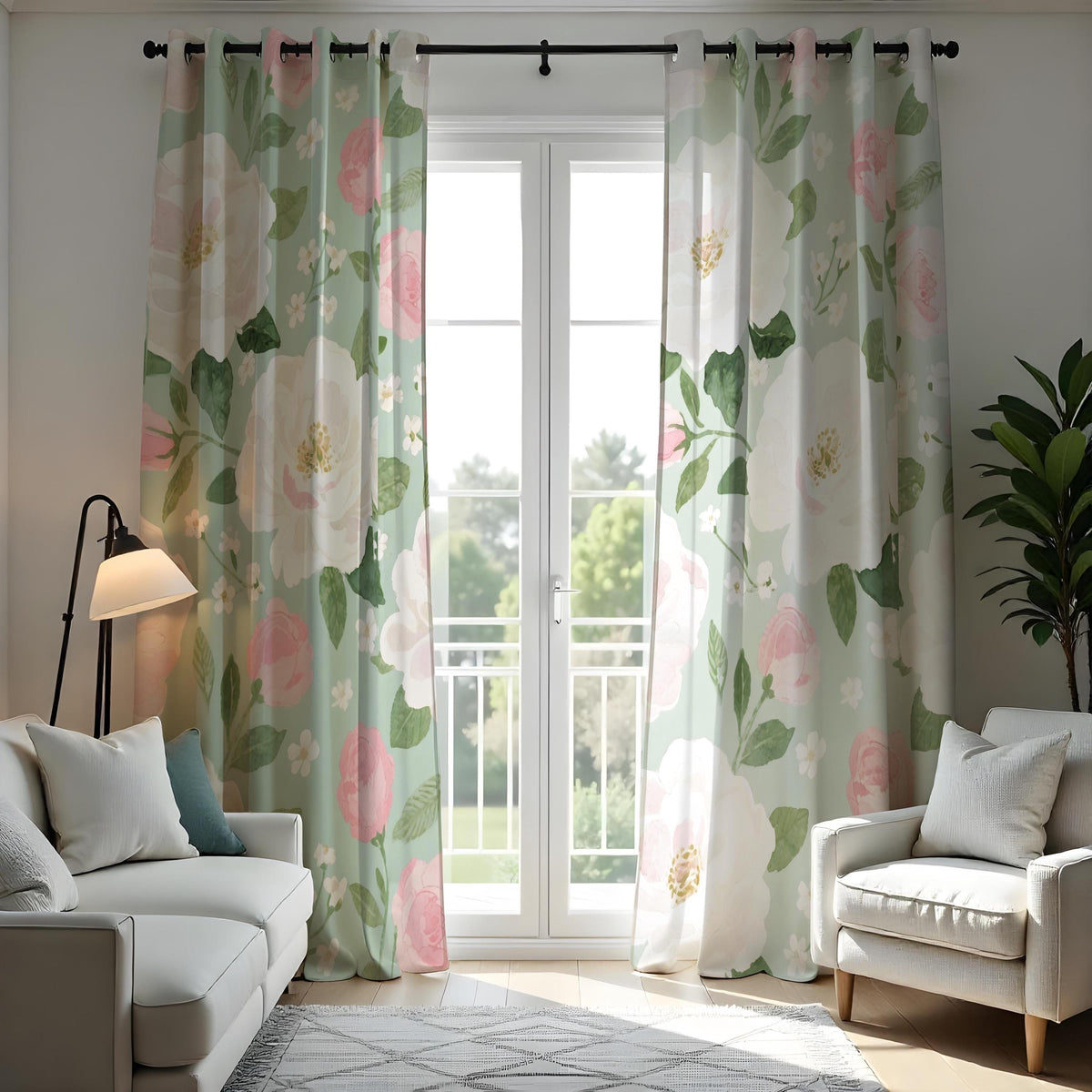 Pink & White Floral Curtains, Big Bloom Botanical Drapes