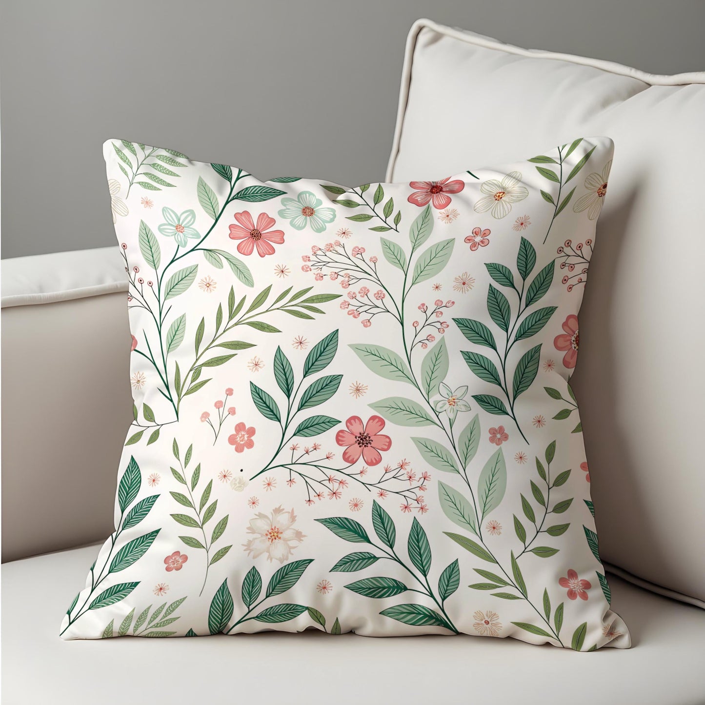 Floral Cushion Cover, Delicate Green Leaves & Pink Flowers Pillow Case