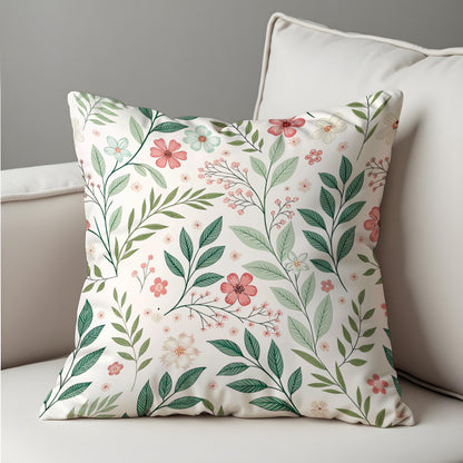 Floral Cushion Cover, Delicate Green Leaves & Pink Flowers Pillow Case