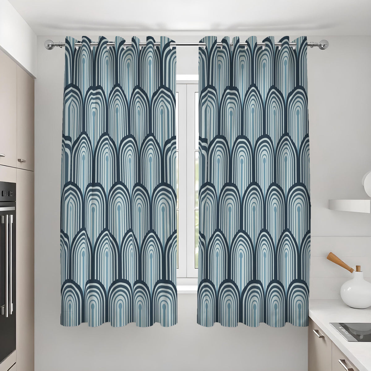 Blue Retro Arch Curtains, Mid Century Geometric Drapes