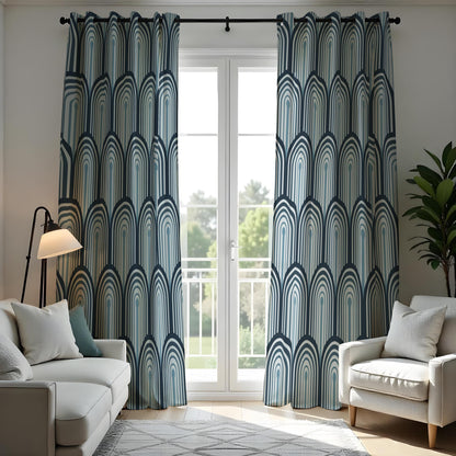 Blue Retro Arch Curtains, Mid Century Geometric Drapes