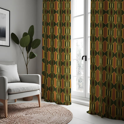 Olive Mustard Brown Retro Curtains, Mid Century Drapes