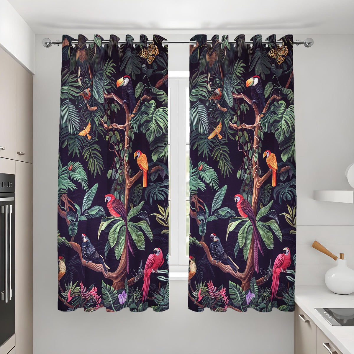 Tropical Parrot Curtains, Dark Jungle Bird & Leaf Drapes
