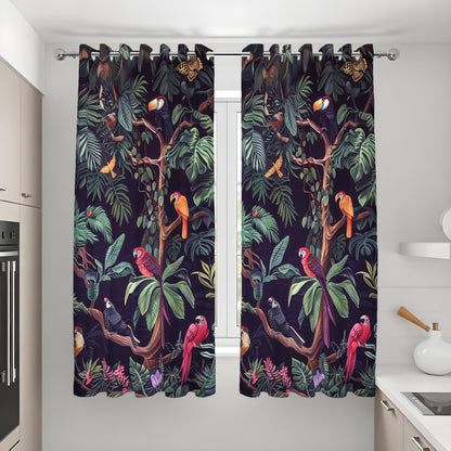 Tropical Parrot Curtains, Dark Jungle Bird & Leaf Drapes