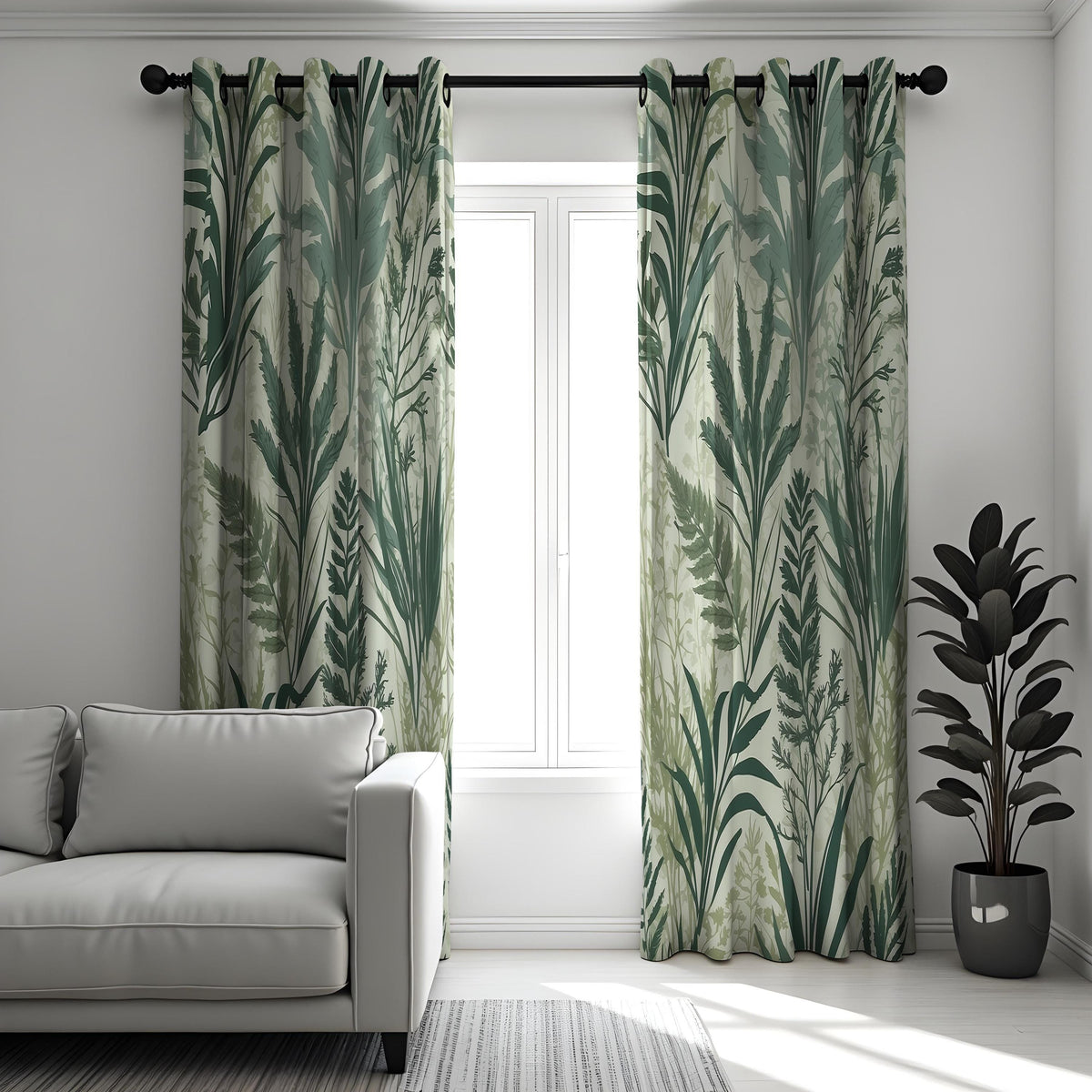 Green Tropical Leaf Curtains, Nature Botanical Print Drapes