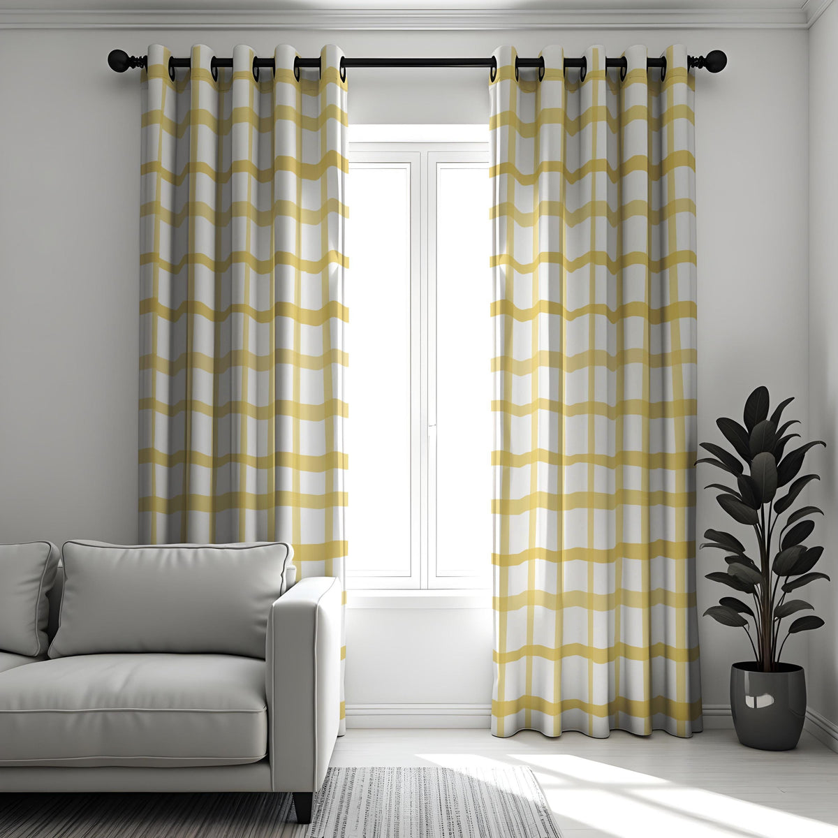 Yellow Wavy Checkered Curtains, Retro Mid Century Drapes