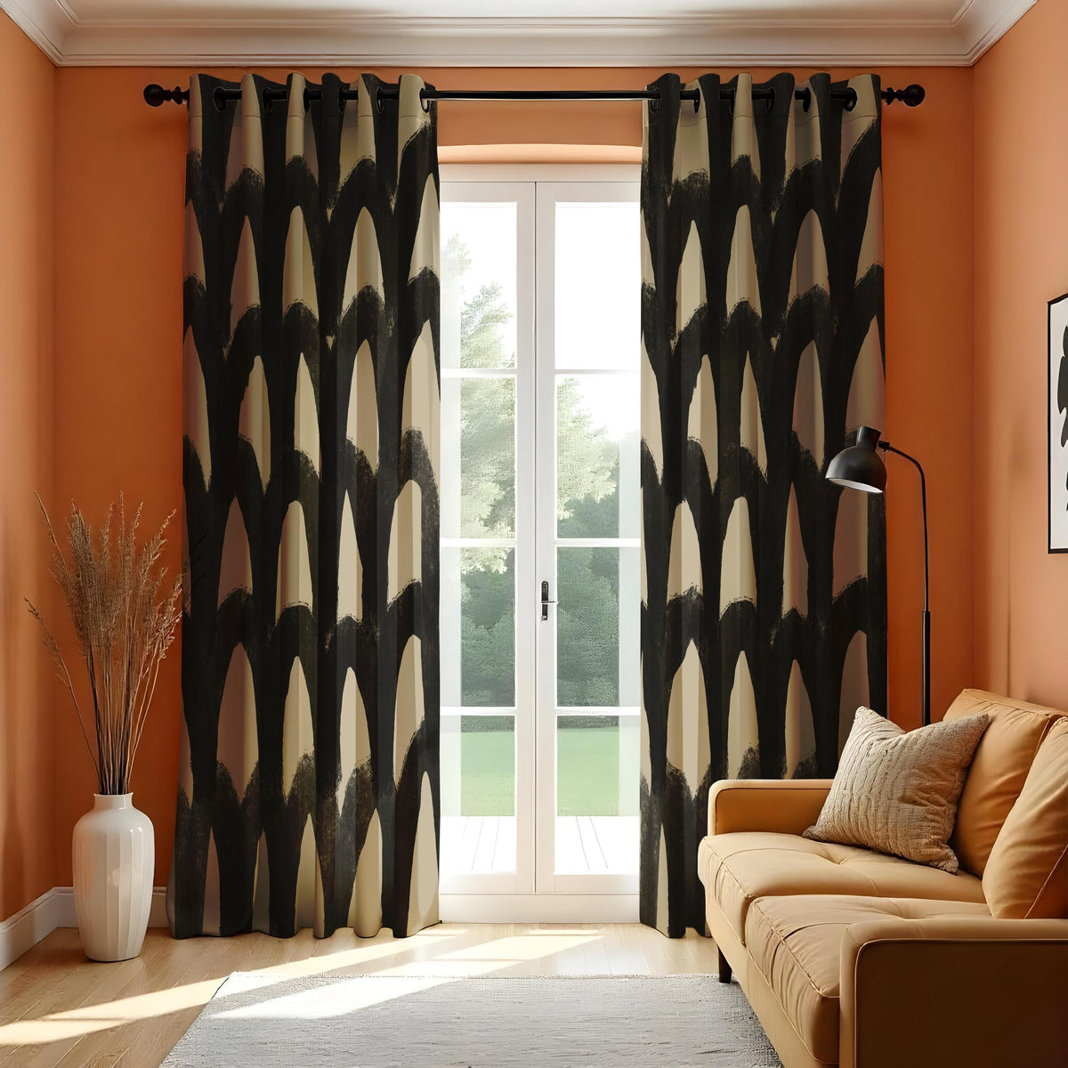Black Beige Brushstroke Curtains, Abstract Geometric Drapes