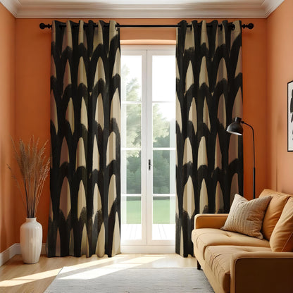 Black Beige Brushstroke Curtains, Abstract Geometric Drapes