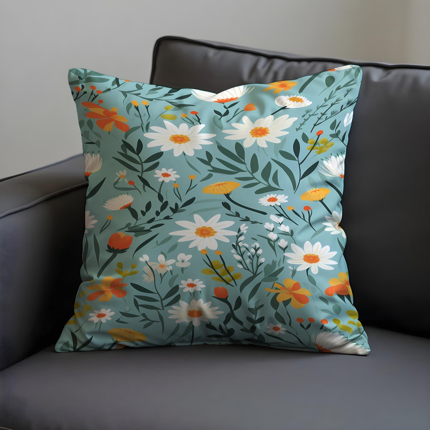 Daisy Floral Cushion Cover, Teal Wildflower Throw Pillow Cover