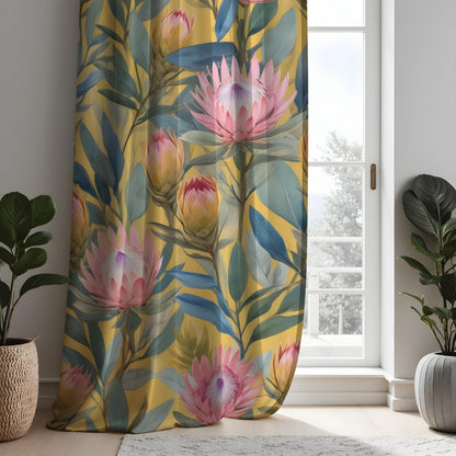 Pink Protea Tropical Curtains, Green Leaf Floral Drapes