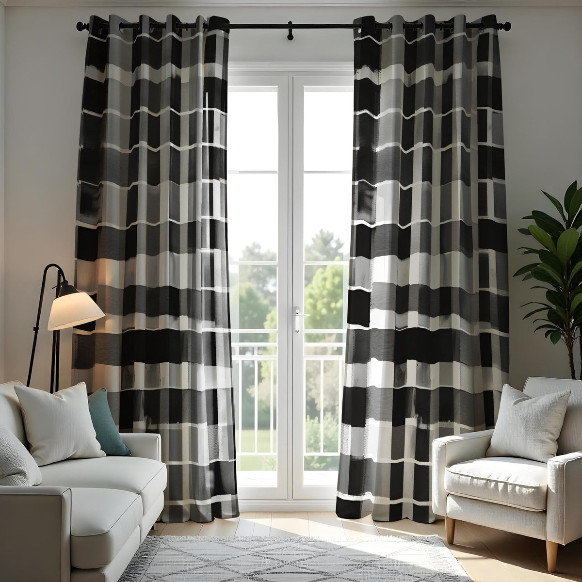 Black and White Grid Curtains, Monochrome Geometric Drapes