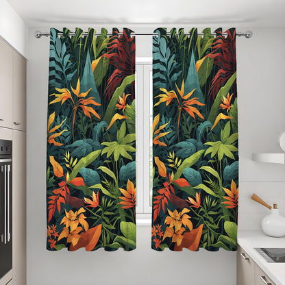 Deep Green & Orange Jungle Leaf Curtains, Tropical Drapes