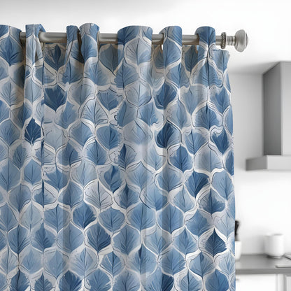 Blue Geometric Leaf Curtains, Modern Pattern Window Drapes