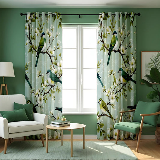 Sage Green Bird Curtains, Botanical Floral Branch Drapes