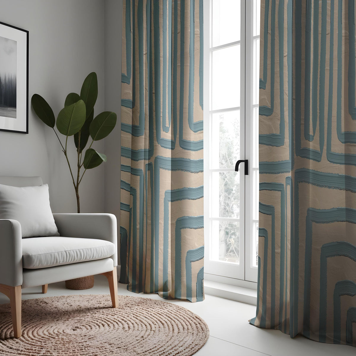 Blue Geometric Kitchen Curtains, Short Cafe Window Drapes