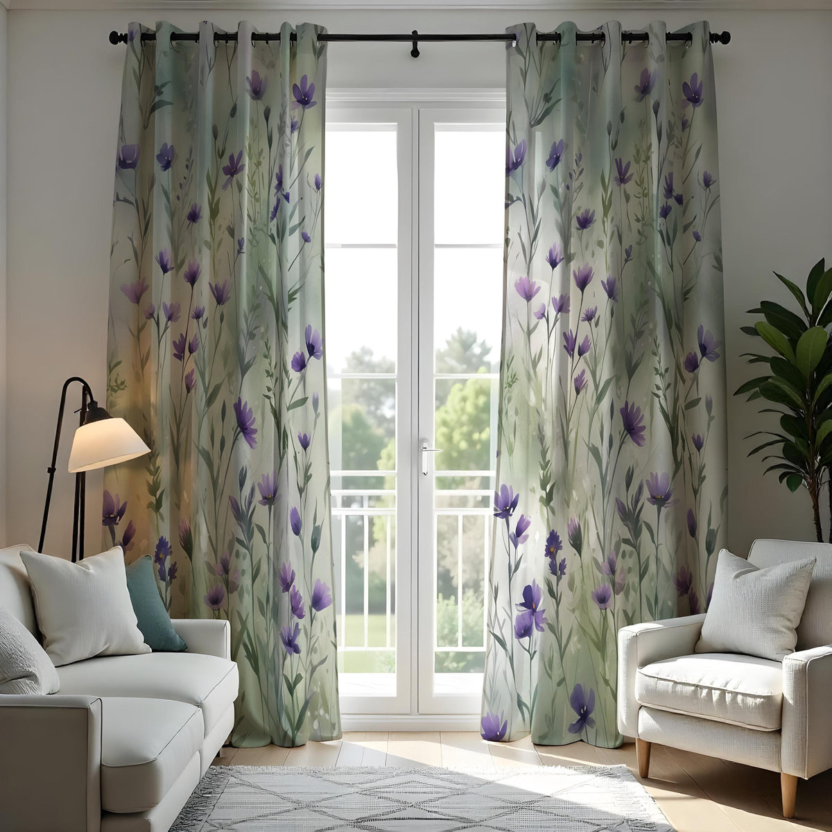 Green Leaf Curtains, Purple Bloom Botanical Print Drapes