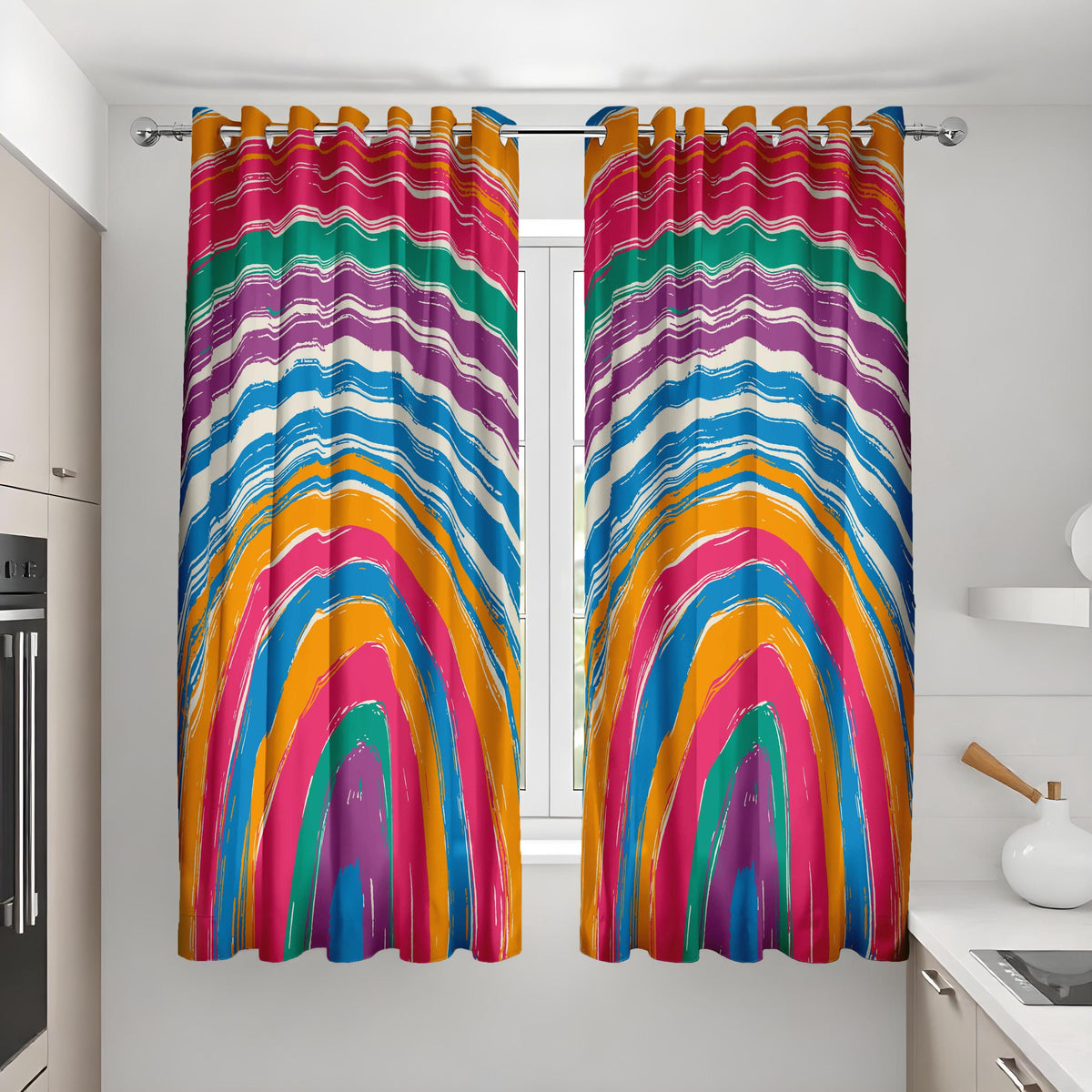 Rainbow Striped Curtains, Boho Paint Stroke Window Drapes
