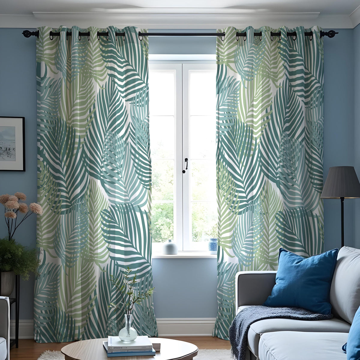Teal & Sage Palm Leaf Curtains, Tropical Botanical Drapes