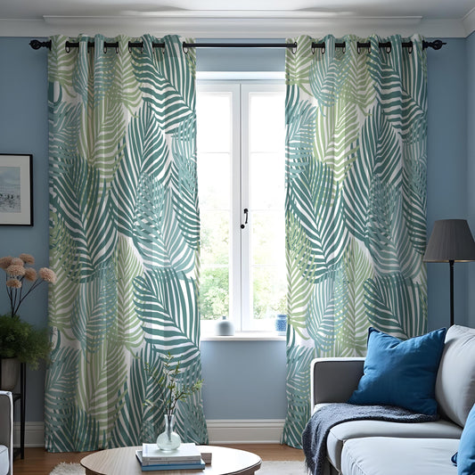 Teal & Sage Palm Leaf Curtains, Tropical Botanical Drapes