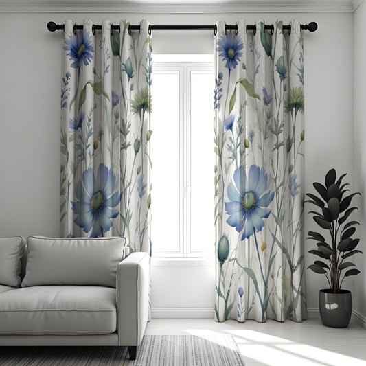 Blue Floral Curtains, Botanical Flower Print Custom Drapes