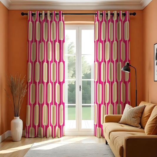 Magenta Pink Retro Geometric Curtains, Mid Century Drapes