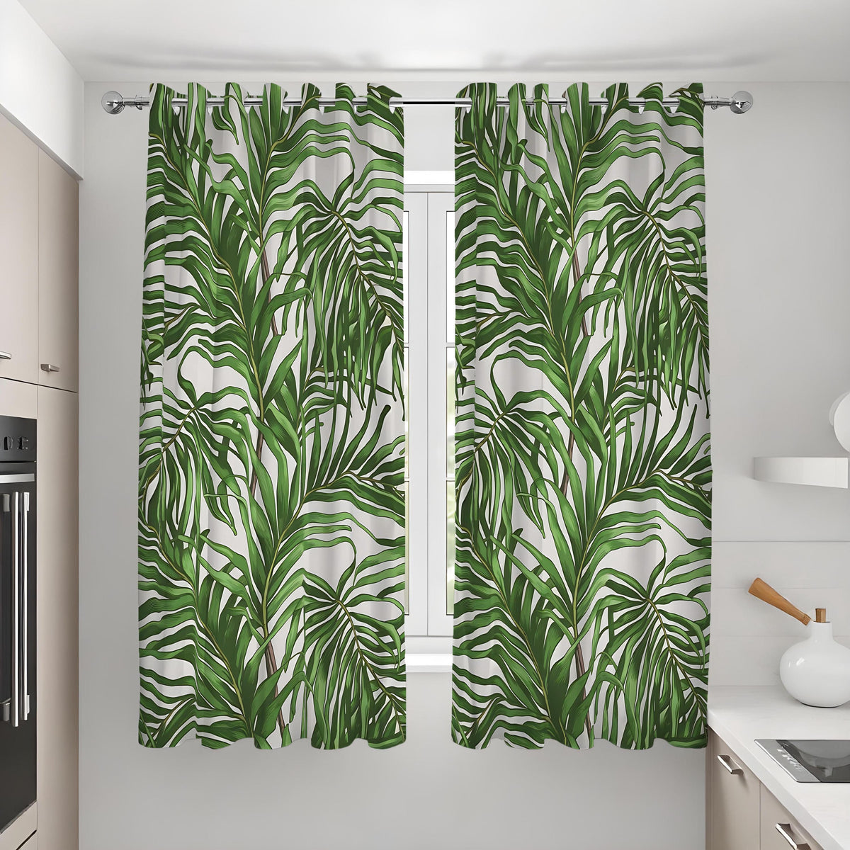 Green Palm Leaf Curtains, Tropical Botanical Custom Drapes