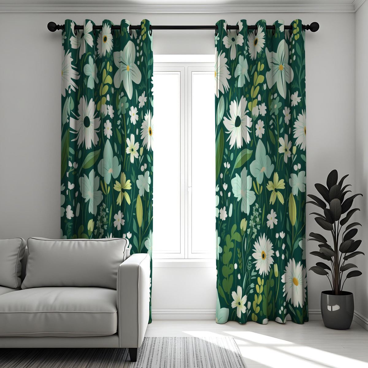 Dark Green Daisy Curtains, White Wildflower Botanical Drapes