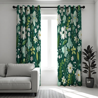 Dark Green Daisy Curtains, White Wildflower Botanical Drapes