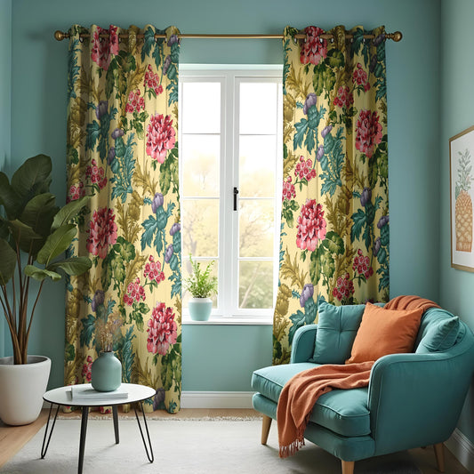 Pink Peony Floral Curtains, Vintage Cottagecore Drapes