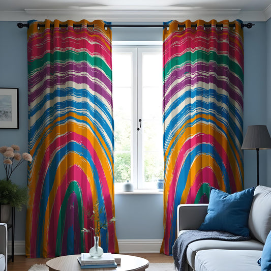 Rainbow Striped Curtains, Boho Paint Stroke Window Drapes