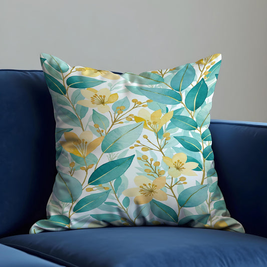 Teal Leaf Floral Cushion Cover, Botanical Pillow Case