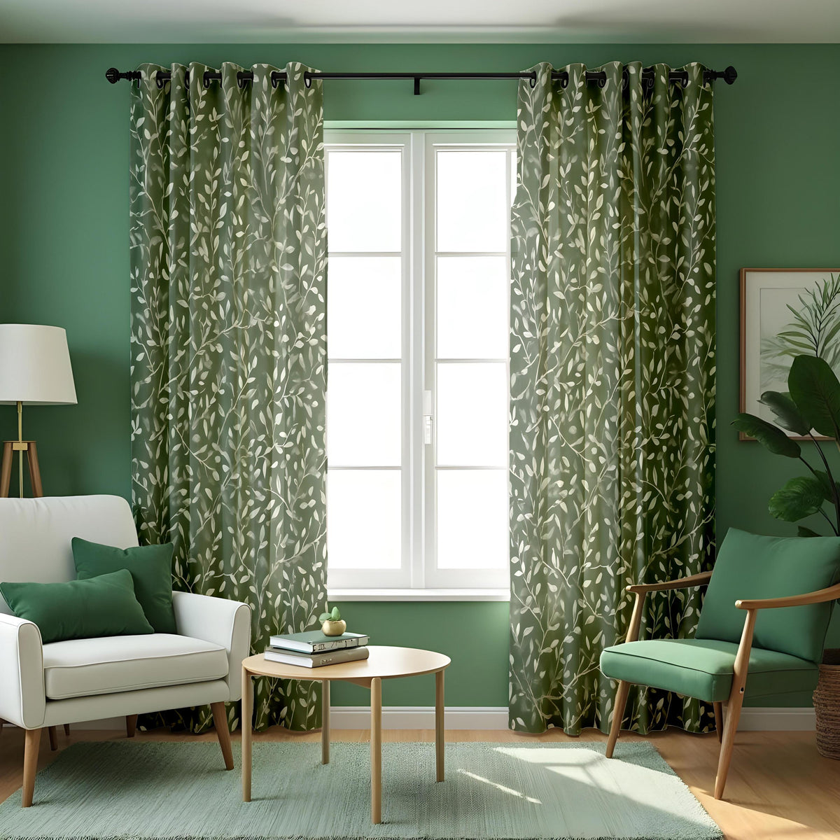 Green Botanical Leaf Print Curtains, Fresh Nature Drapes