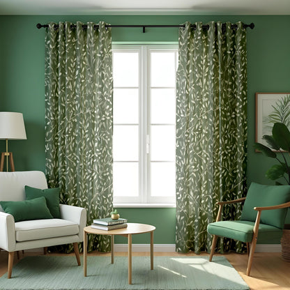 Green Botanical Leaf Print Curtains, Fresh Nature Drapes