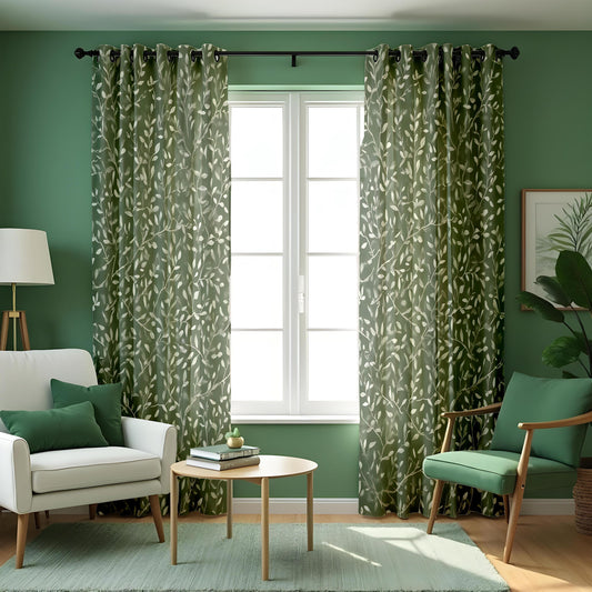 Green Botanical Leaf Print Curtains, Fresh Nature Drapes